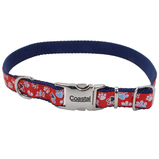 Ribbon Adjustable Dog Collar with Metal Buckle, Red with Paws, 5/8-in x 8-12-in (Size: 5/8-in x 8-12-in)