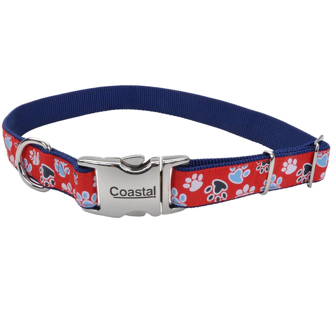 Ribbon Adjustable Dog Collar with Metal Buckle, Red with Paws, 5/8-in x 12-18-in (Size: 5/8-in x 12-18-in)