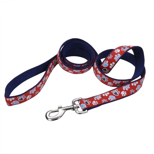 Ribbon Dog Leash, Red with Paws, 1-in x 6-ft (Size: 1-in x 6-ft)