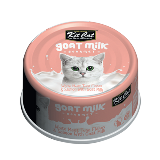 Kit Cat Goat Milk Gourmet White Meat Tuna Flakes & Salmon with Goat Milk Wet Cat Food Can, 70-gram (Size: 70-gram)