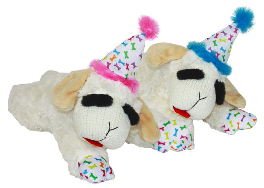 Multipet Lamb Chop with Birthday Hat Dog Toy, Assorted Colors, 10.5-in