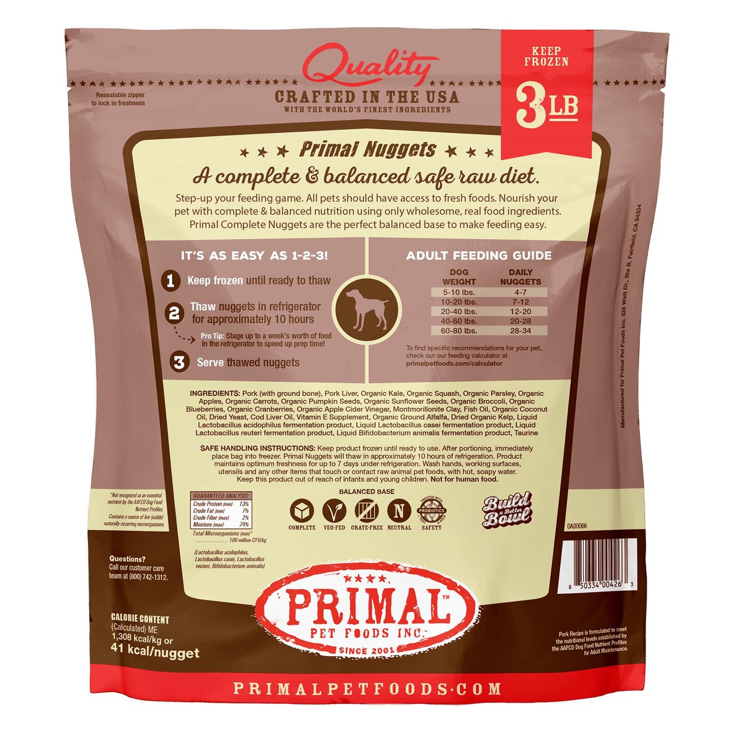 Primal Raw Frozen Nuggets Pork Formula Dog Food, 3-lb