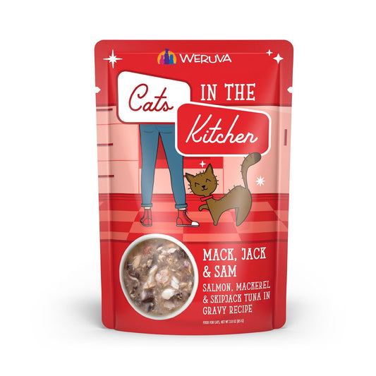 Cats in the Kitchen Mack, Jack & Sam Salmon, Mackerel & Skipjack Tuna in Gravy Wet Cat Food Pouch, 3-oz (Size: 3-oz)