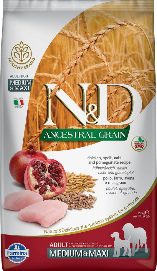Farmina N&D Ancestral Grain Chicken & Pomegranate Medium & Maxi Adult Dry Dog Food, 26.4-lb (Size: 26.4-lb)