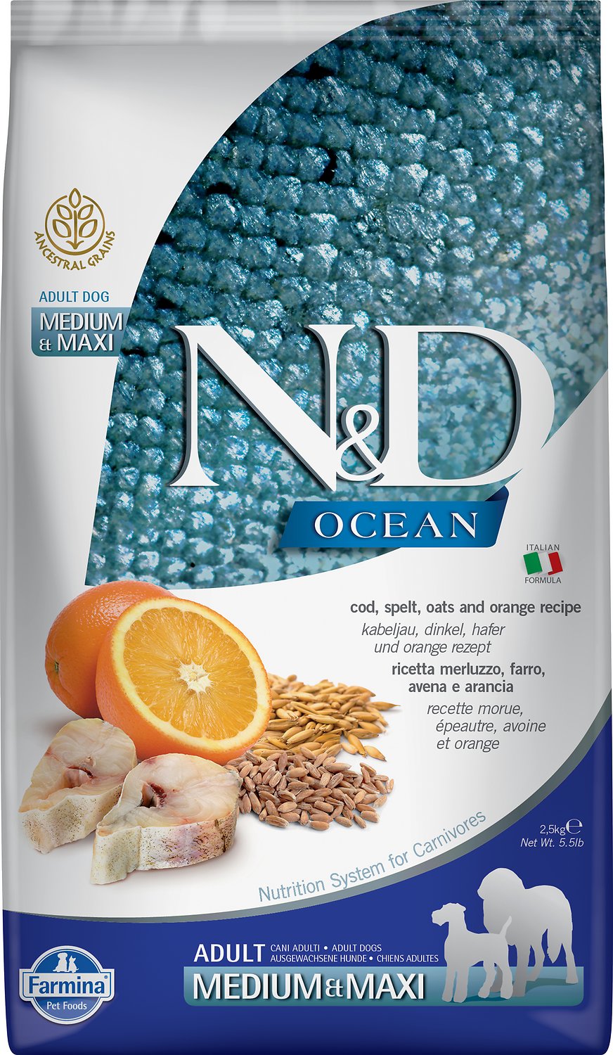 Farmina N&D Ocean Cod, Spelt, Oats & Orange Medium & Maxi Adult Dry Dog Food, 26.4-lb (Size: 26.4-lb)