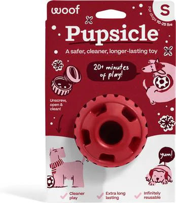 Woof Pupsicle Holiday treat dispensing dog toy in red, Small size, in package