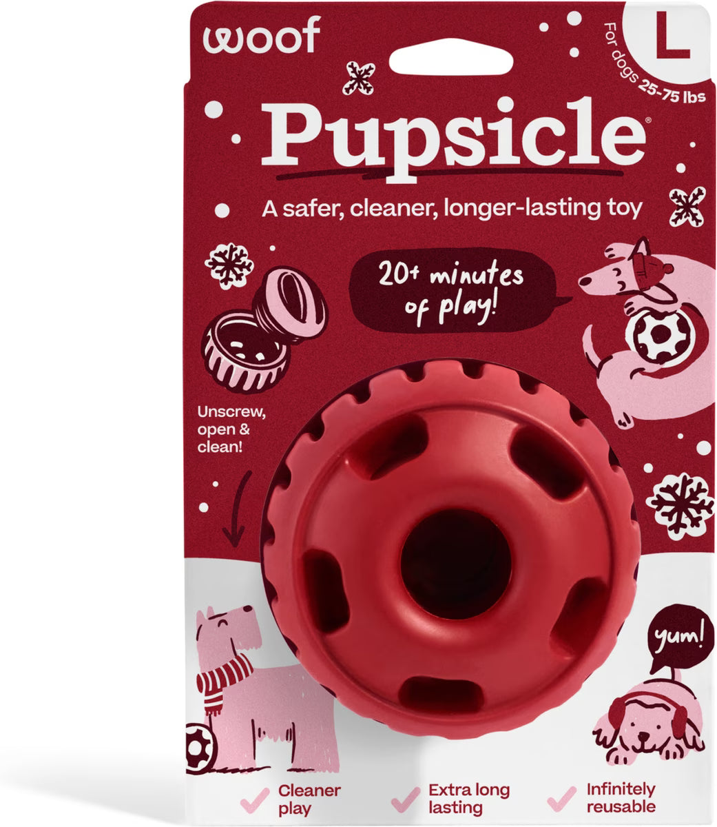 Woof Pupsicle Holiday treat dispensing dog toy in red, Large size, in package