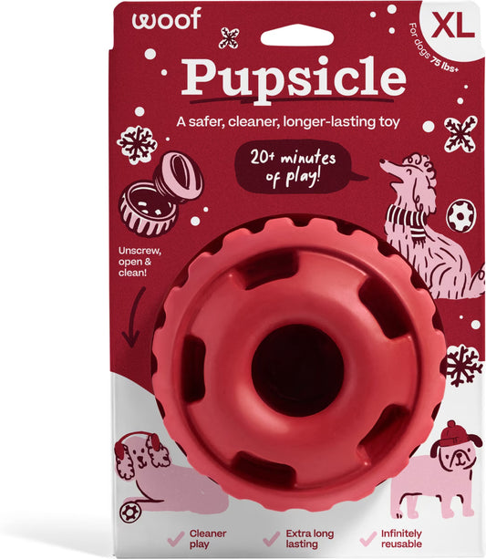 Woof Pupsicle Holiday treat dispensing dog toy in red, XL size, in package