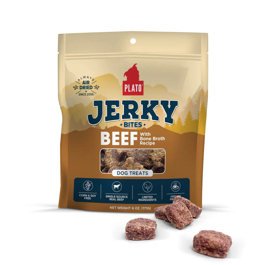 PLATO PET TREATS Beef with Bone Broth Jerky Bites, 6-oz